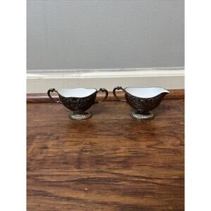 Vintage Silverplate Enamel Metal Sugar Bowl & Creamer Flowers